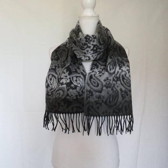 Softer Than Cashmere Black Gray Paisley Motif Unisex Scarf with Fringe - Picture 1 of 12